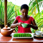 **Prompt:** A vibrant scene in the Bahamas. A local woman is preparing "Sea Grape" tea with a backdrop of a lush garden filled with herbs like Aloe Vera and Neem. The image should evoke a sense of natural healing and the beauty of Bahamian traditions. Add Urdu text on the image "قدرتی شفا" (Natural Healing).