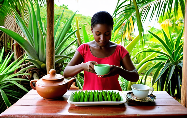 **Prompt:** A vibrant scene in the Bahamas. A local woman is preparing "Sea Grape" tea with a backdrop of a lush garden filled with herbs like Aloe Vera and Neem. The image should evoke a sense of natural healing and the beauty of Bahamian traditions. Add Urdu text on the image "قدرتی شفا" (Natural Healing).