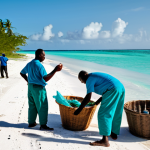 A group of Bahamian fishermen, fully clothed in appropriate work attire, unloading baskets brimming with fresh seafood from their traditional boats onto a pristine sandy beach in the early morning light. The turquoise ocean glistens behind them, with a small coastal village visible in the distance. The scene captures the essence of fresh catch and honest labor, highlighting perfect anatomy, correct proportions, well-formed hands, and natural body proportions. This is a safe for work, appropriate content, fully clothed, and modest depiction, suitable for professional photography.