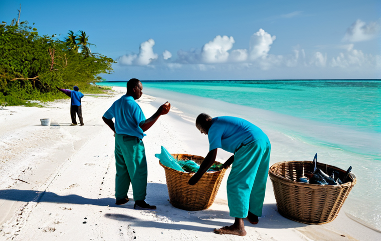 A group of Bahamian fishermen, fully clothed in appropriate work attire, unloading baskets brimming with fresh seafood from their traditional boats onto a pristine sandy beach in the early morning light. The turquoise ocean glistens behind them, with a small coastal village visible in the distance. The scene captures the essence of fresh catch and honest labor, highlighting perfect anatomy, correct proportions, well-formed hands, and natural body proportions. This is a safe for work, appropriate content, fully clothed, and modest depiction, suitable for professional photography.